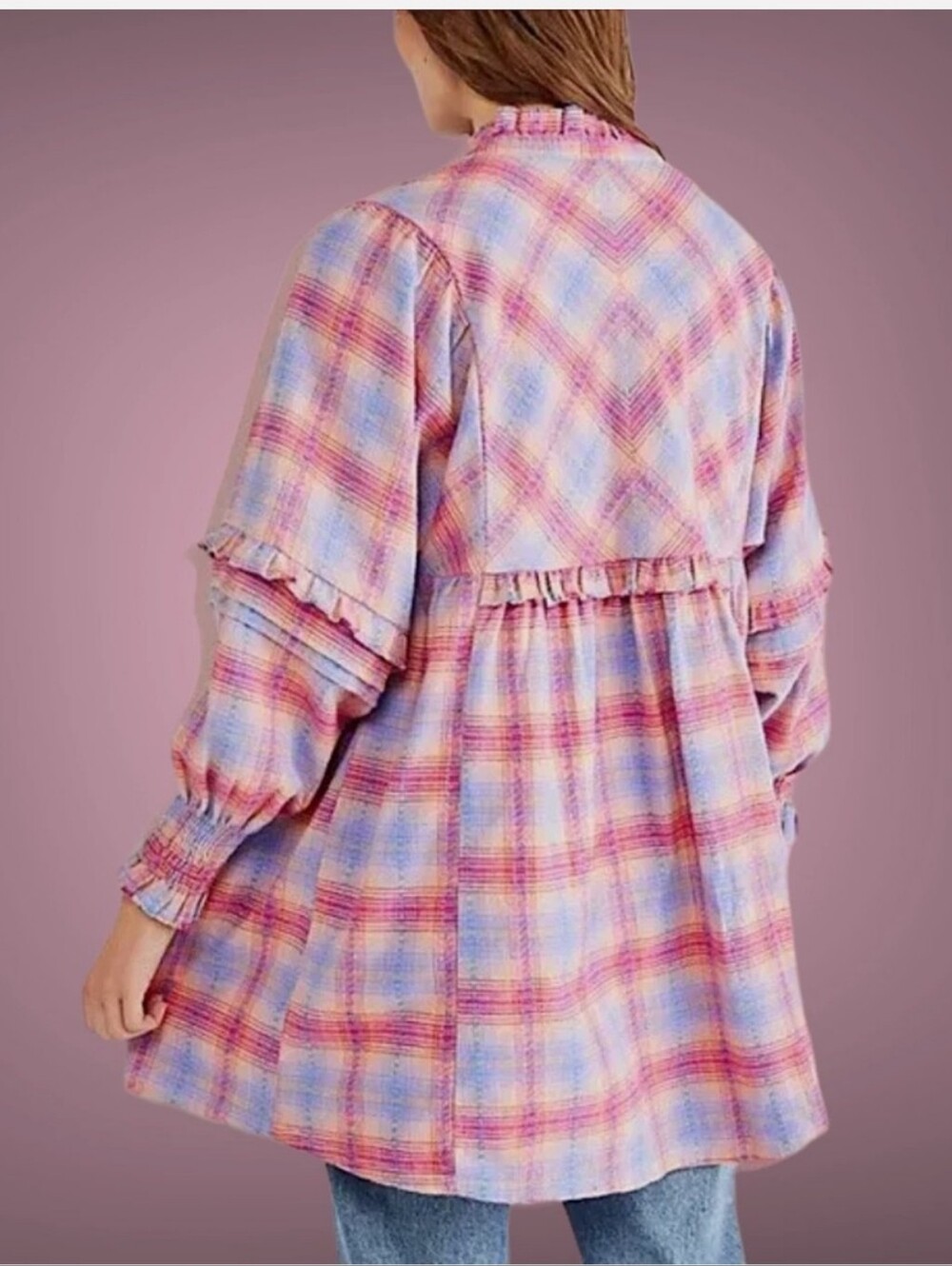 Free People Pink Lavender Plaid Ruffle Tunic Dress - Picture 5 of 8